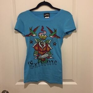Blue Bejeweled Rose Tattoo Print T-shirt NWT